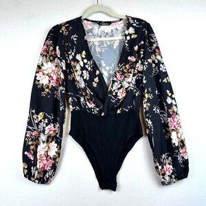 SHEIN Dark Floral Bodysuit Deep V Womens Small Glam Resort Travel Club Wedding
